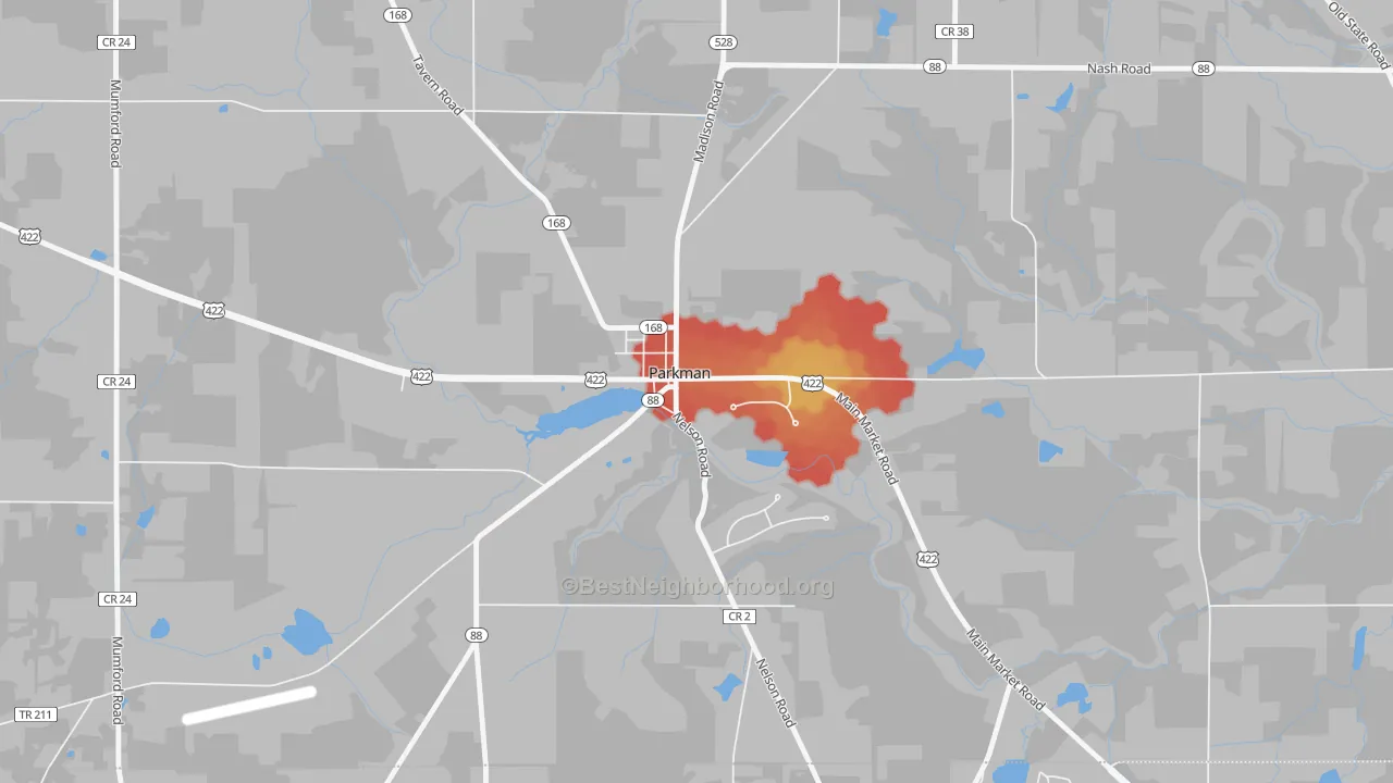 Walk Grade map of 44080, OH, walkable areas in green and car-dependent areas in red