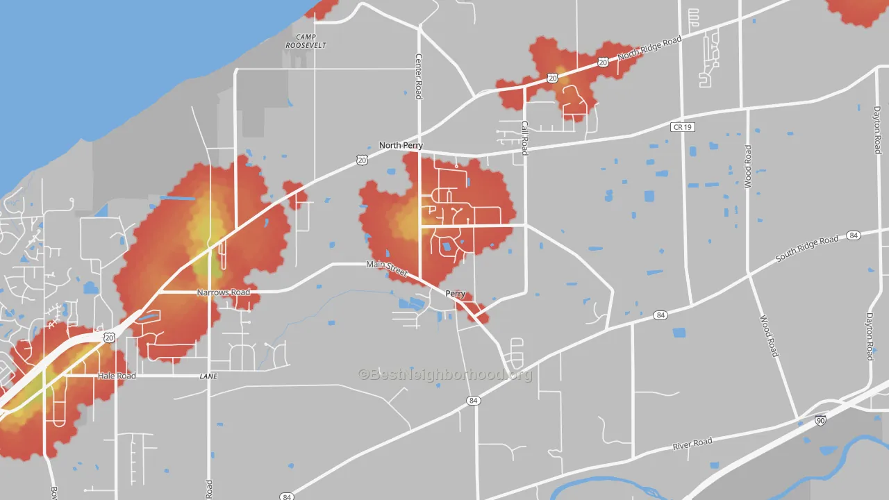 Walk Grade map of 44081, OH, walkable areas in green and car-dependent areas in red