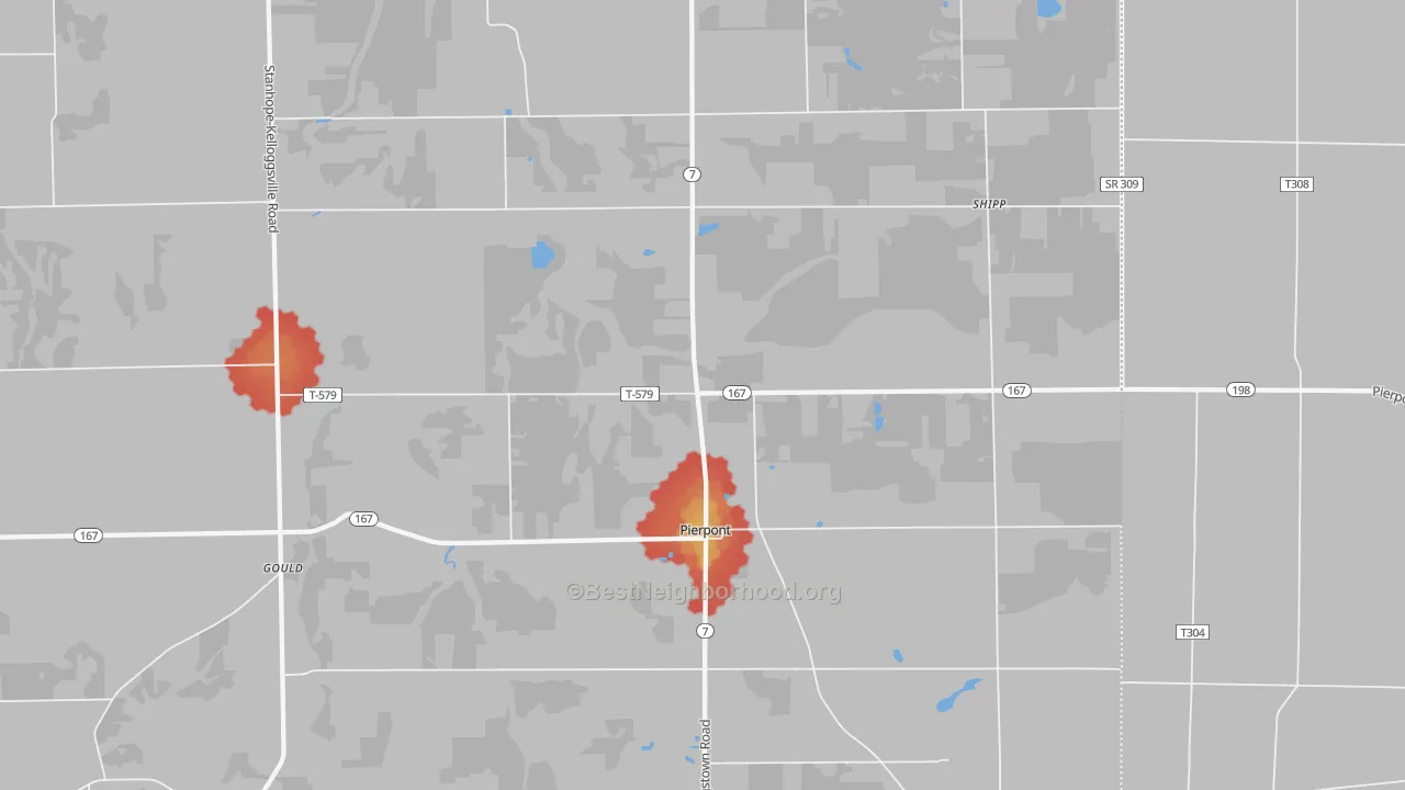 Walk Grade map of 44082, OH, walkable areas in green and car-dependent areas in red