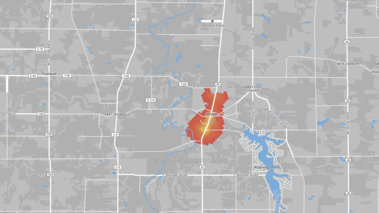 Walk Grade map of 44084, OH, walkable areas in green and car-dependent areas in red