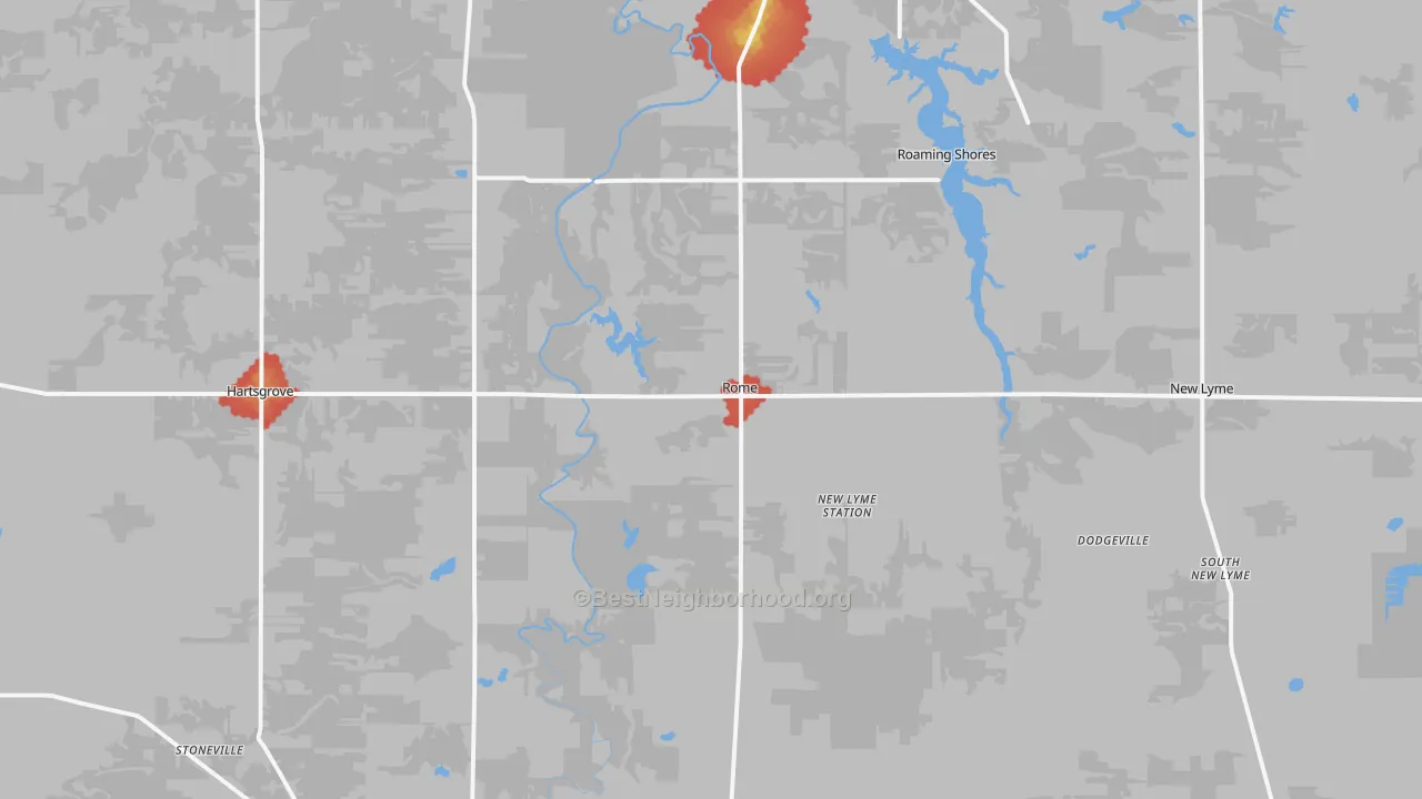 Walk Grade map of 44085, OH, walkable areas in green and car-dependent areas in red