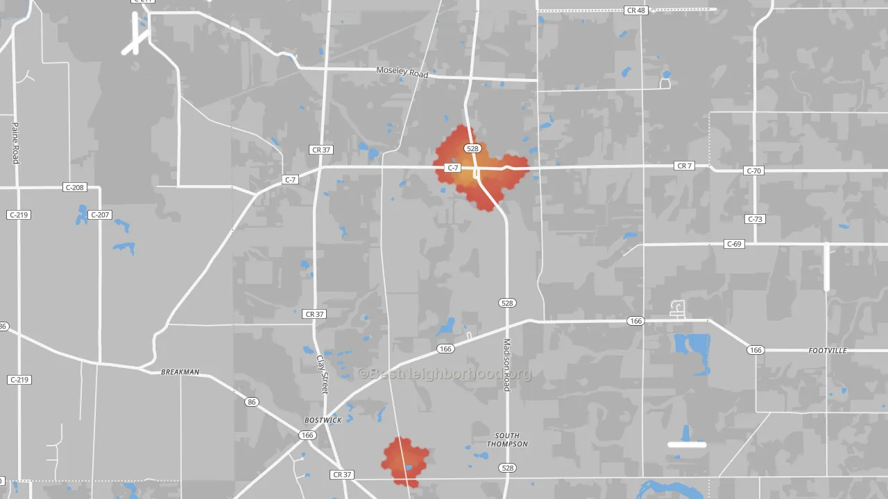 Walk Grade map of 44086, OH, walkable areas in green and car-dependent areas in red