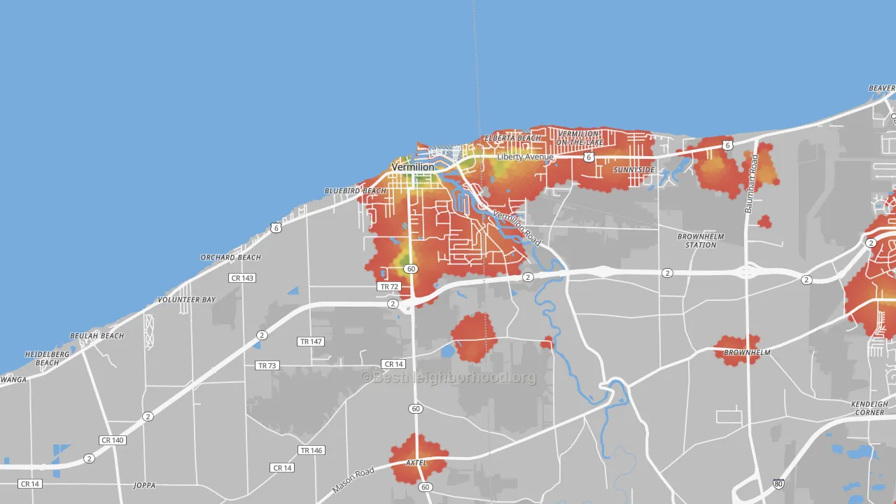 Walk Grade map of 44089, OH, walkable areas in green and car-dependent areas in red