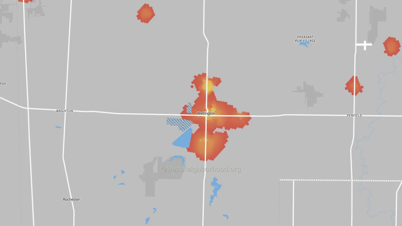 Walk Grade map of 44090, OH, walkable areas in green and car-dependent areas in red