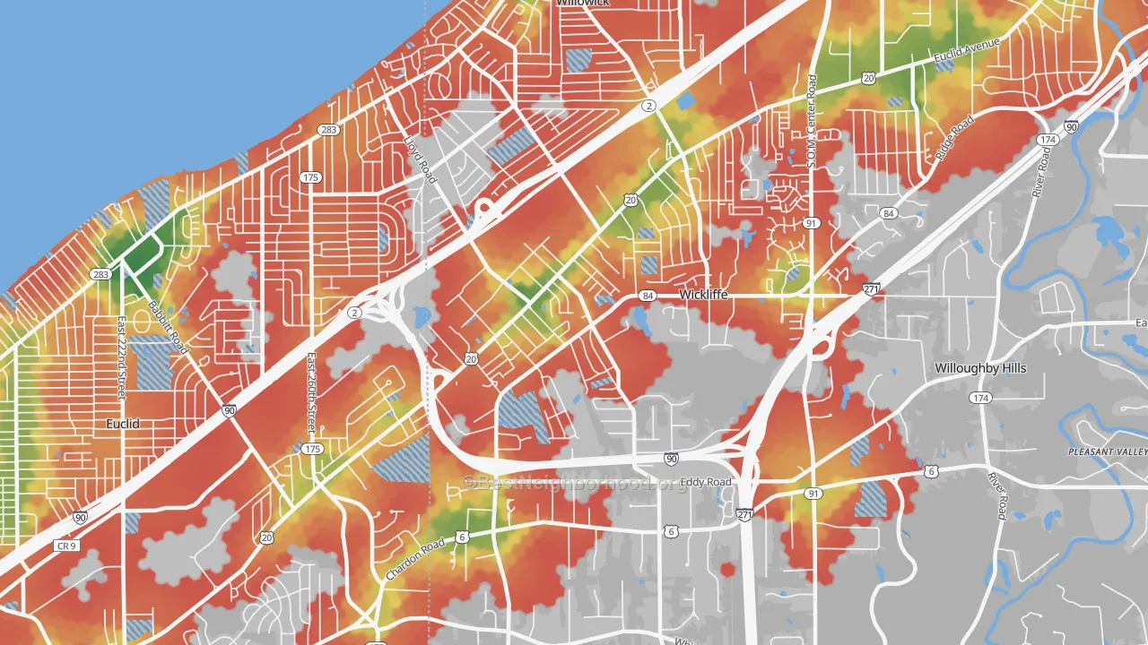 Walk Grade map of 44092, OH, walkable areas in green and car-dependent areas in red