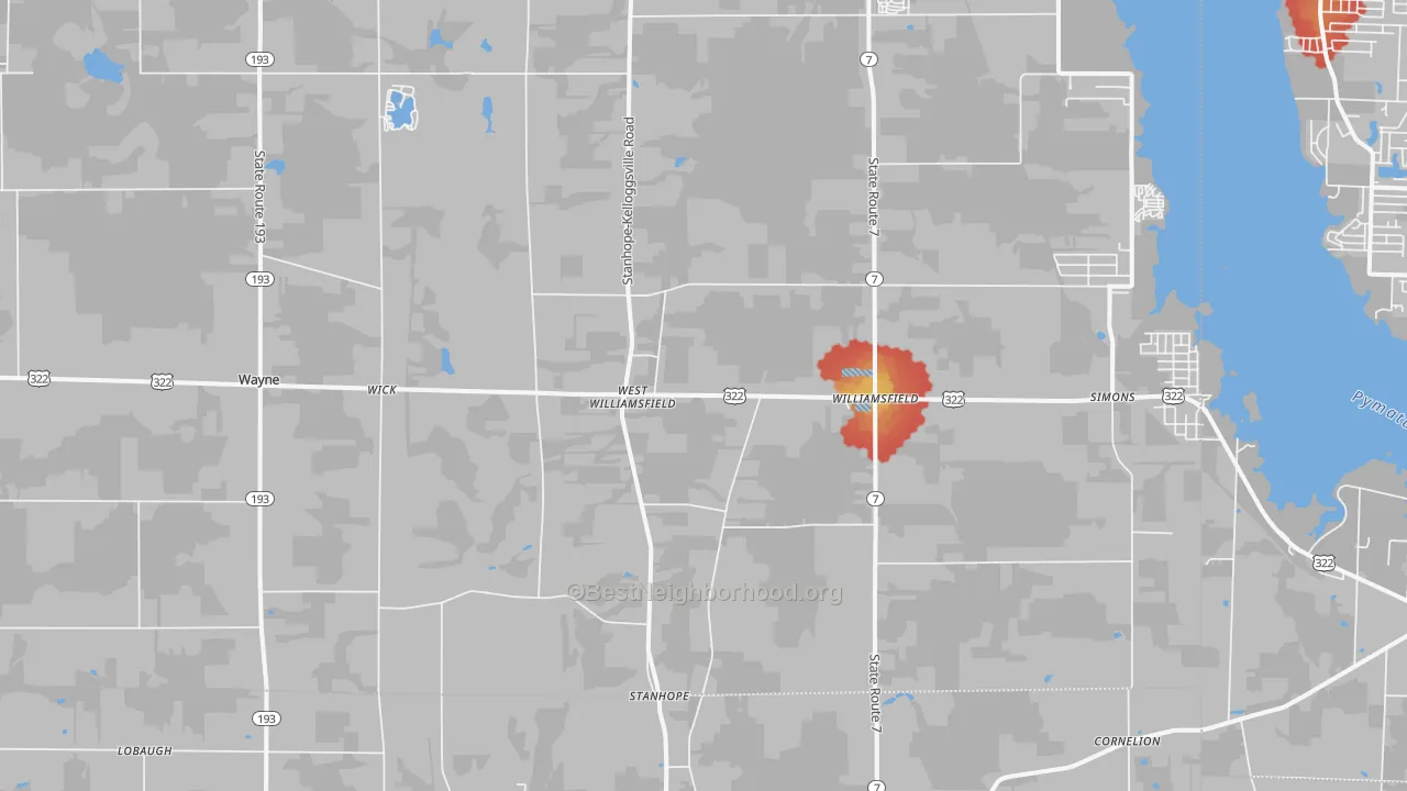 Walk Grade map of 44093, OH, walkable areas in green and car-dependent areas in red