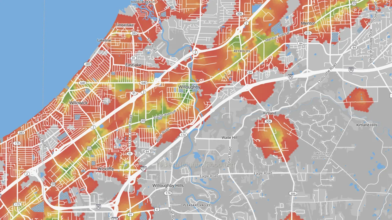 Walk Grade map of 44094, OH, walkable areas in green and car-dependent areas in red