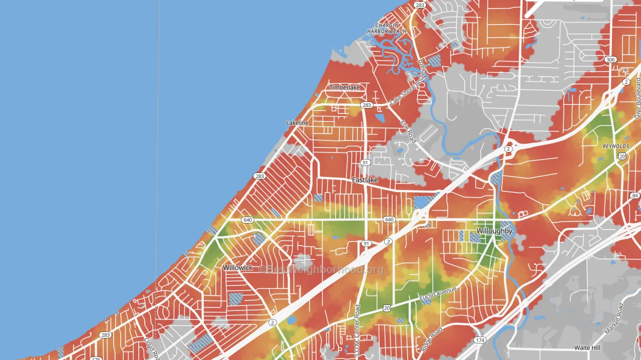 Walk Grade map of 44095, OH, walkable areas in green and car-dependent areas in red