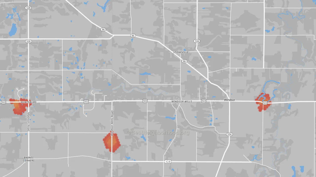 Walk Grade map of 44099, OH, walkable areas in green and car-dependent areas in red
