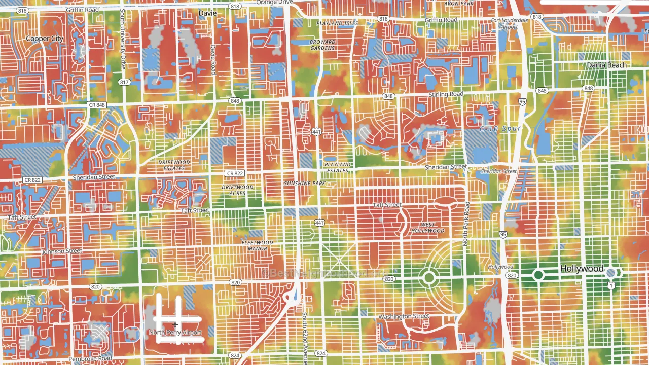 Walk Grade map of 441 Corridor, Hollywood, FL, walkable areas in green and car-dependent areas in red