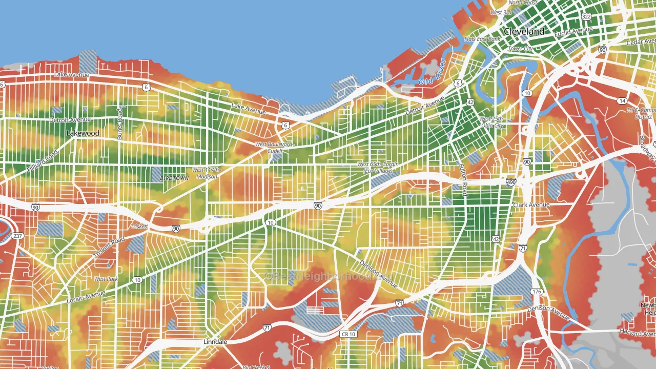 Walk Grade map of 44102, OH, walkable areas in green and car-dependent areas in red