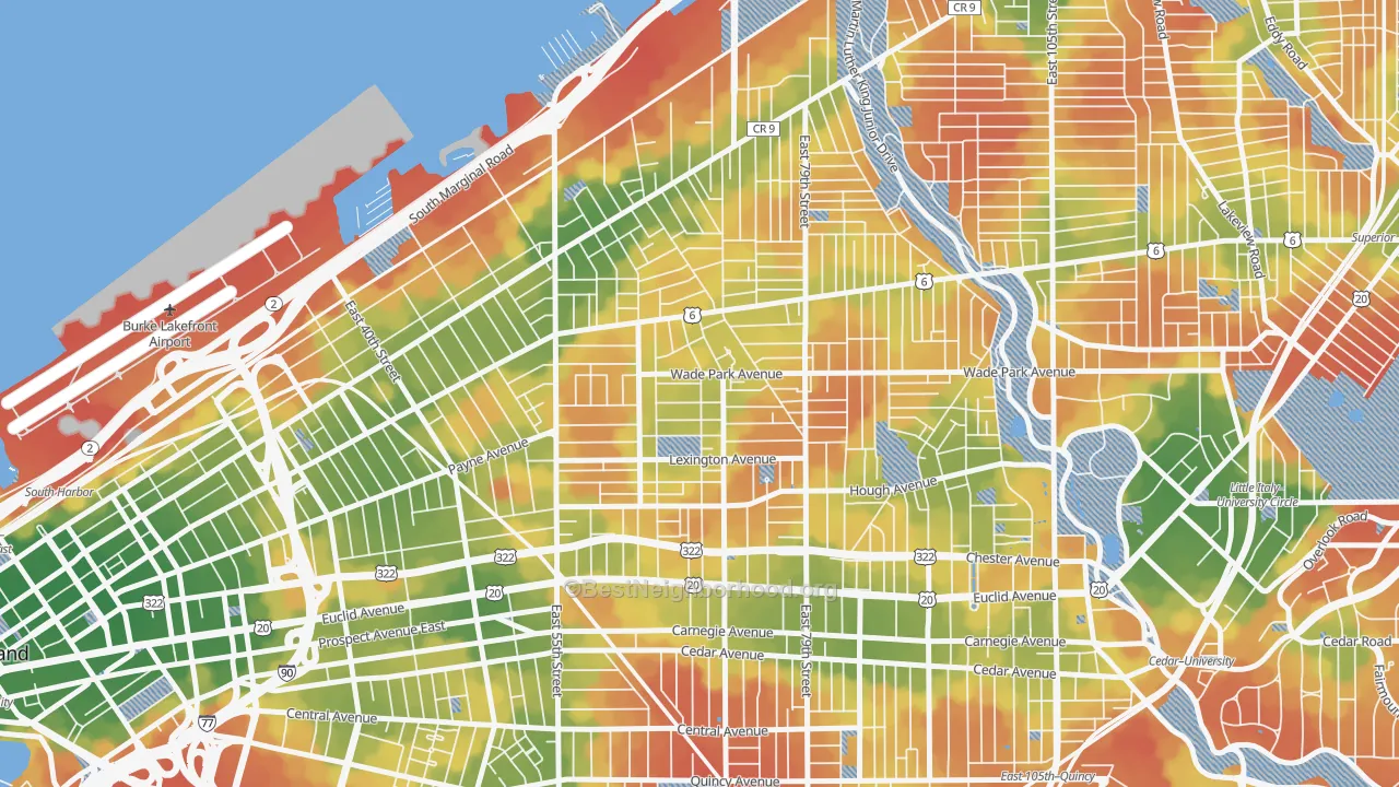 Walk Grade map of 44103, OH, walkable areas in green and car-dependent areas in red