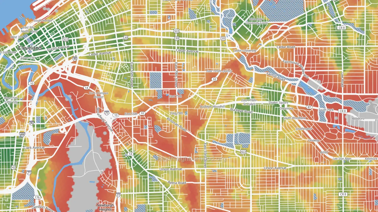 Walk Grade map of 44104, OH, walkable areas in green and car-dependent areas in red