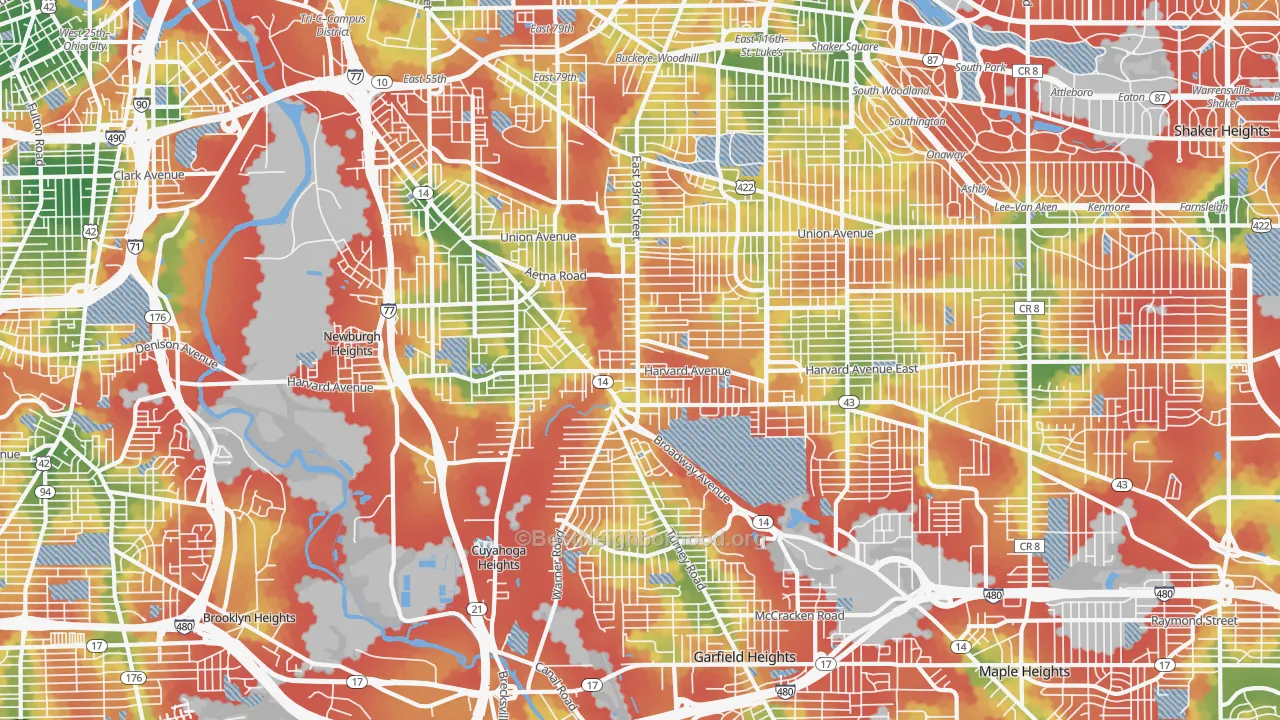 Walk Grade map of 44105, OH, walkable areas in green and car-dependent areas in red