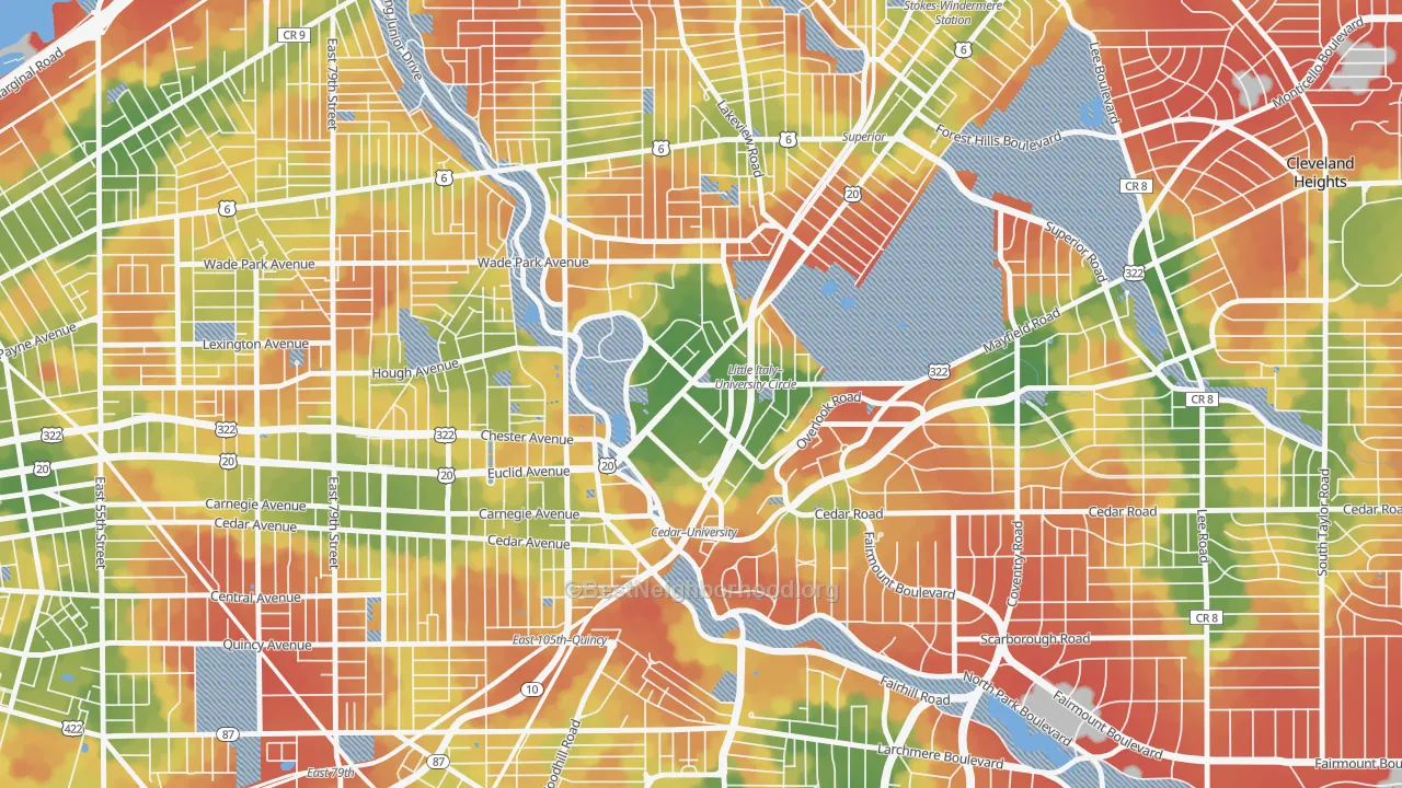 Walk Grade map of 44106, OH, walkable areas in green and car-dependent areas in red