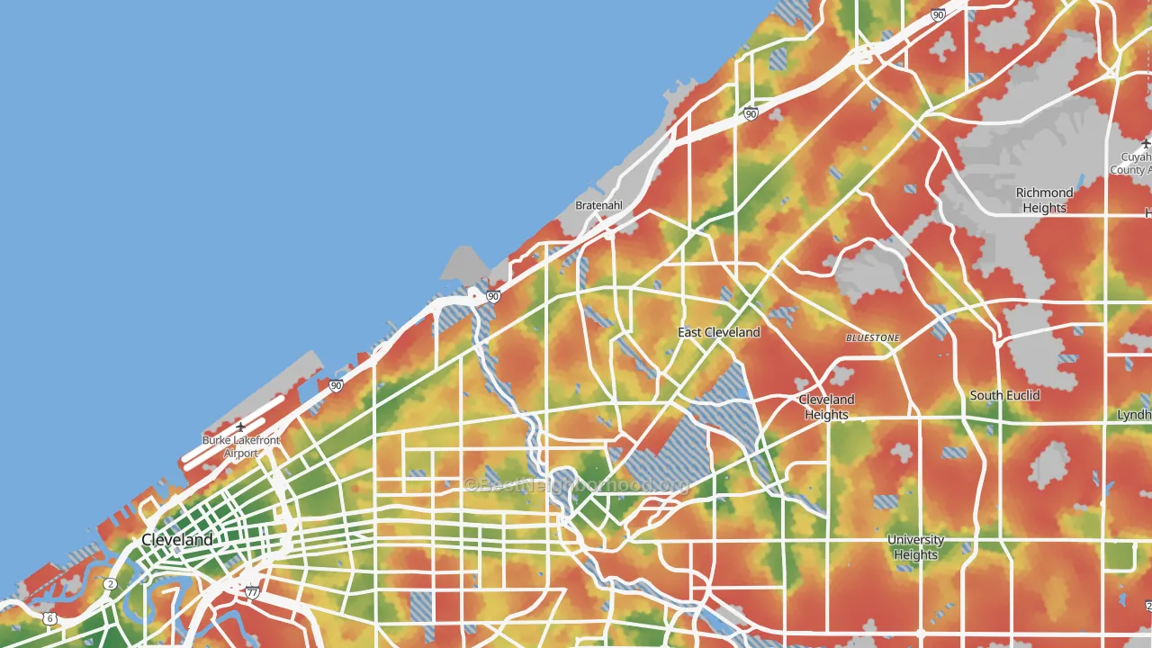 Walk Grade map of 44108, OH, walkable areas in green and car-dependent areas in red