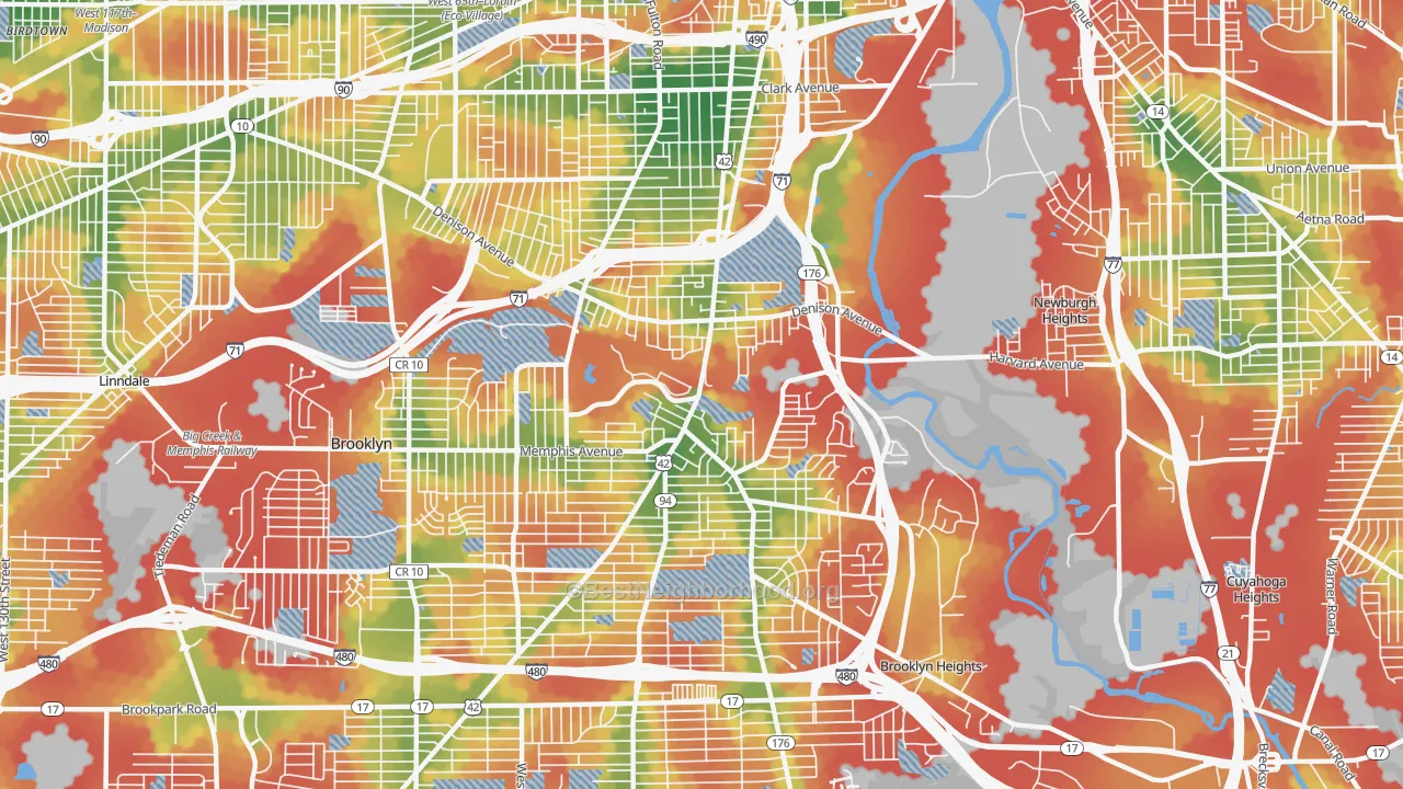 Walk Grade map of 44109, OH, walkable areas in green and car-dependent areas in red