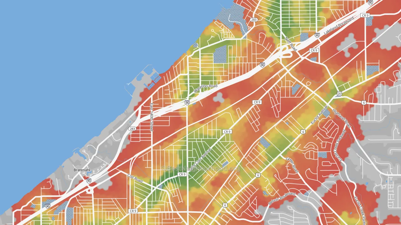 Walk Grade map of 44110, OH, walkable areas in green and car-dependent areas in red