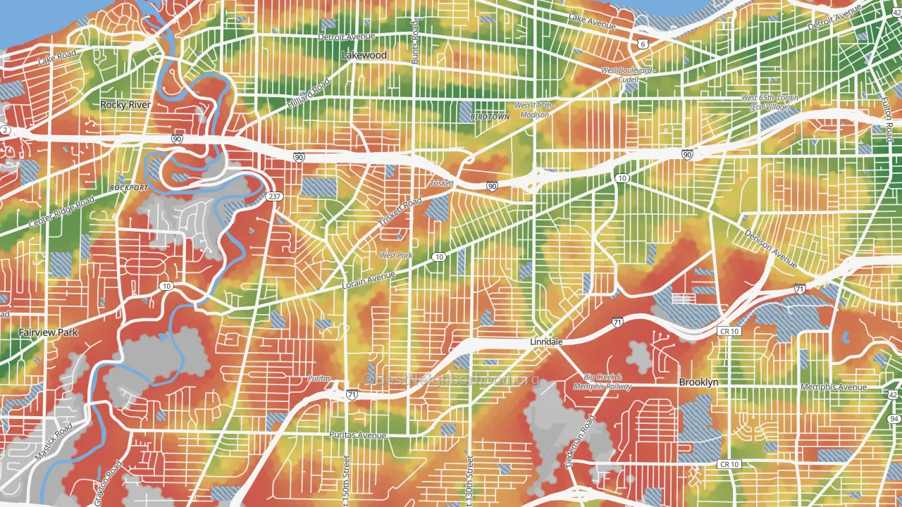 Walk Grade map of 44111, OH, walkable areas in green and car-dependent areas in red