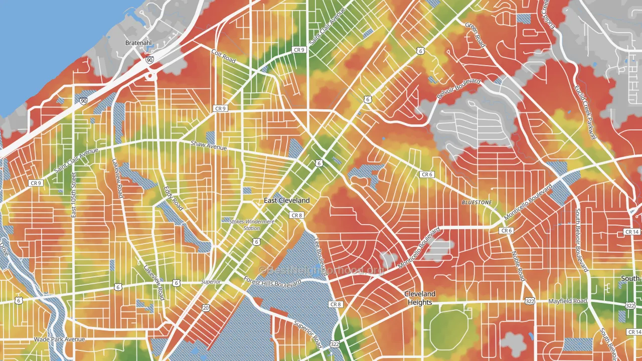 Walk Grade map of 44112, OH, walkable areas in green and car-dependent areas in red