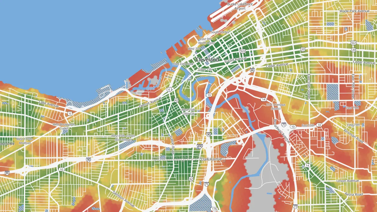 Walk Grade map of 44113, OH, walkable areas in green and car-dependent areas in red