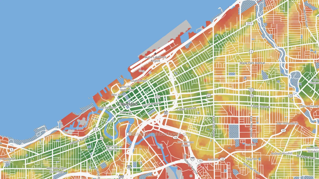 Walk Grade map of 44114, OH, walkable areas in green and car-dependent areas in red