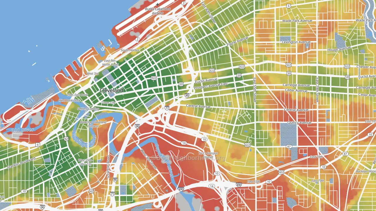 Walk Grade map of 44115, OH, walkable areas in green and car-dependent areas in red