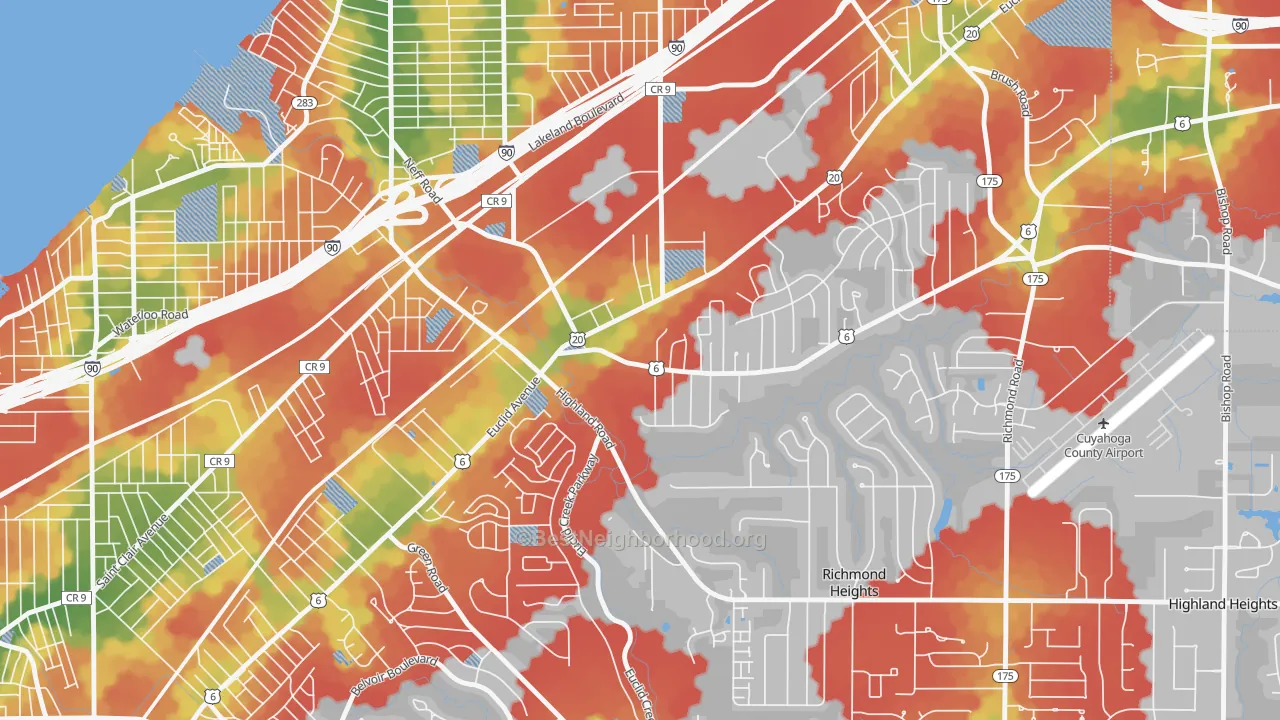 Walk Grade map of 44117, OH, walkable areas in green and car-dependent areas in red