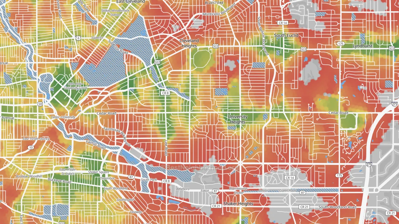 Walk Grade map of 44118, OH, walkable areas in green and car-dependent areas in red