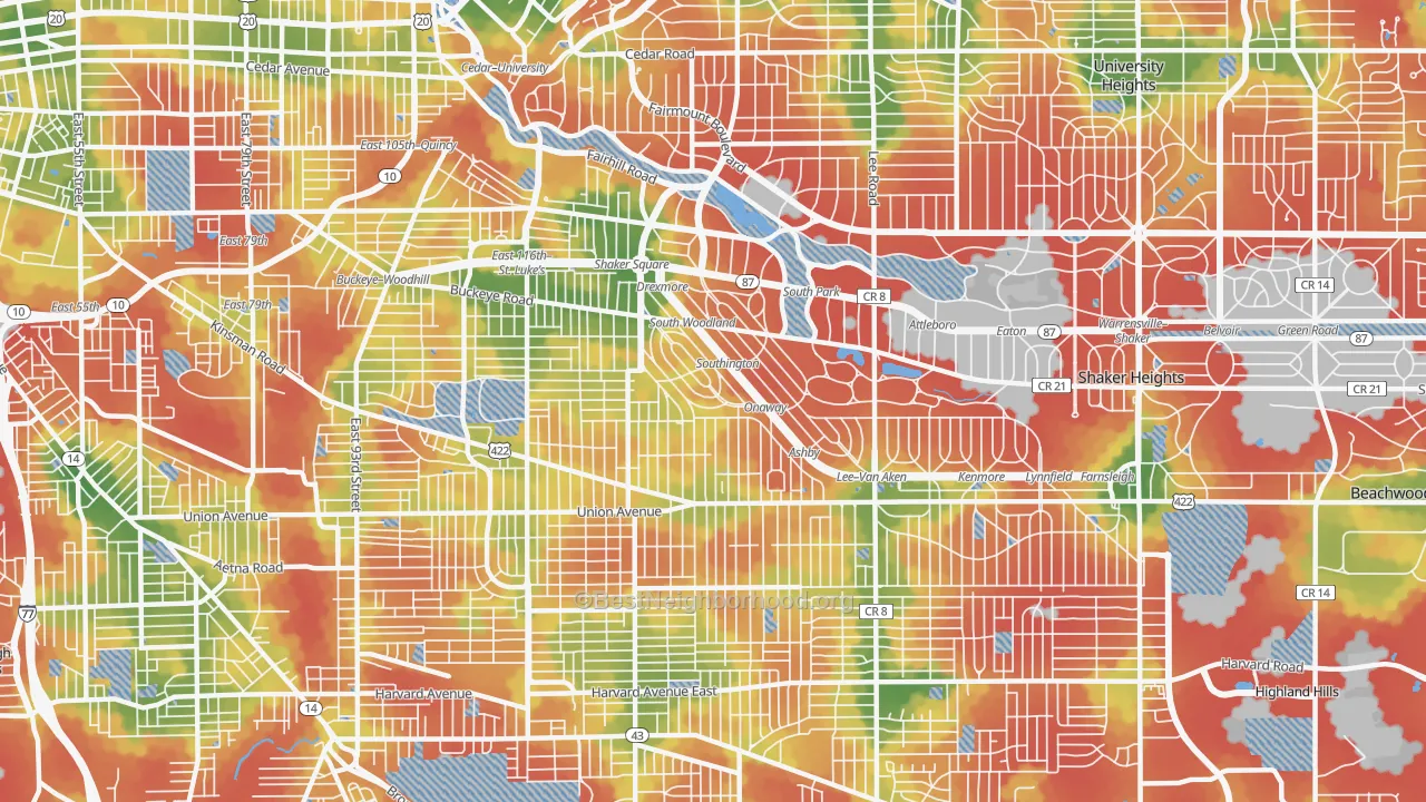 Walk Grade map of 44120, OH, walkable areas in green and car-dependent areas in red