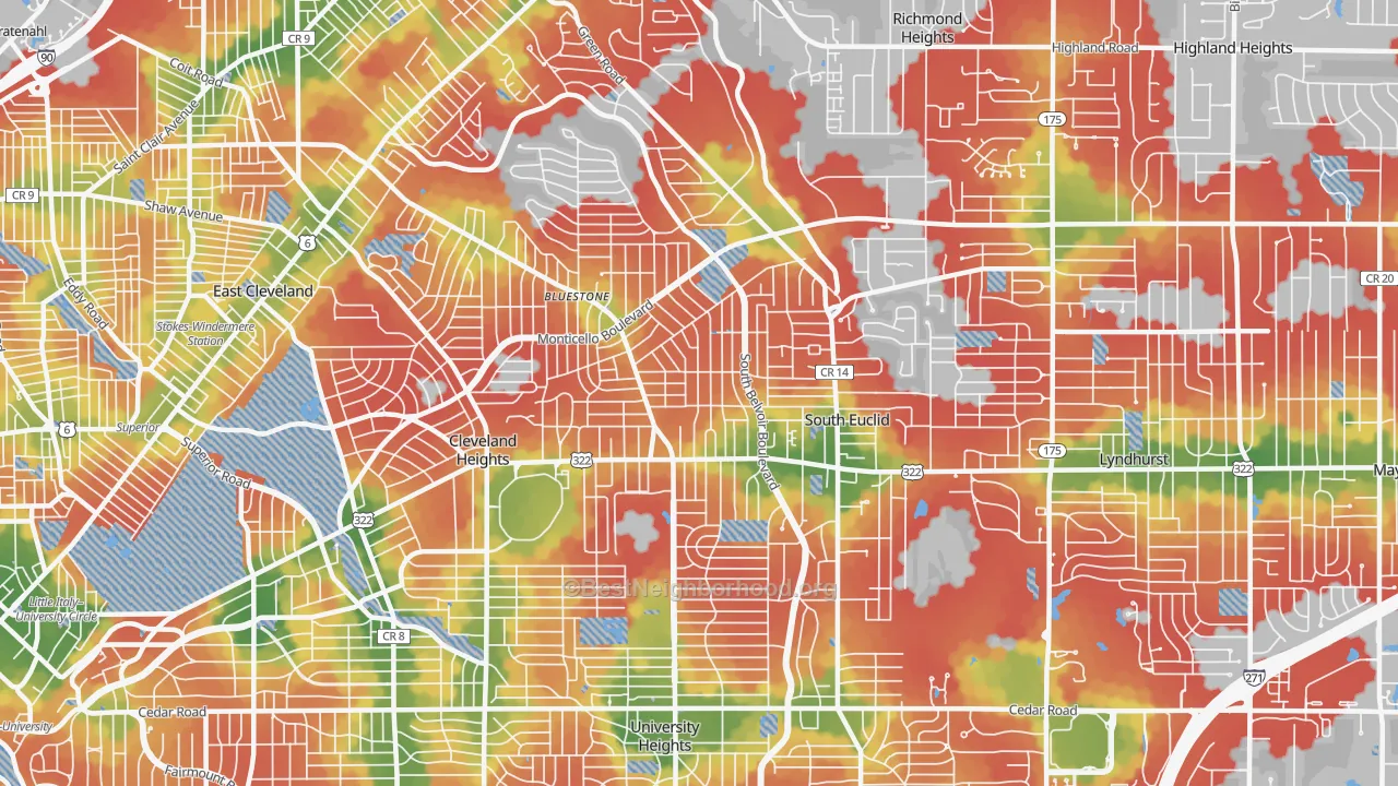 Walk Grade map of 44121, OH, walkable areas in green and car-dependent areas in red