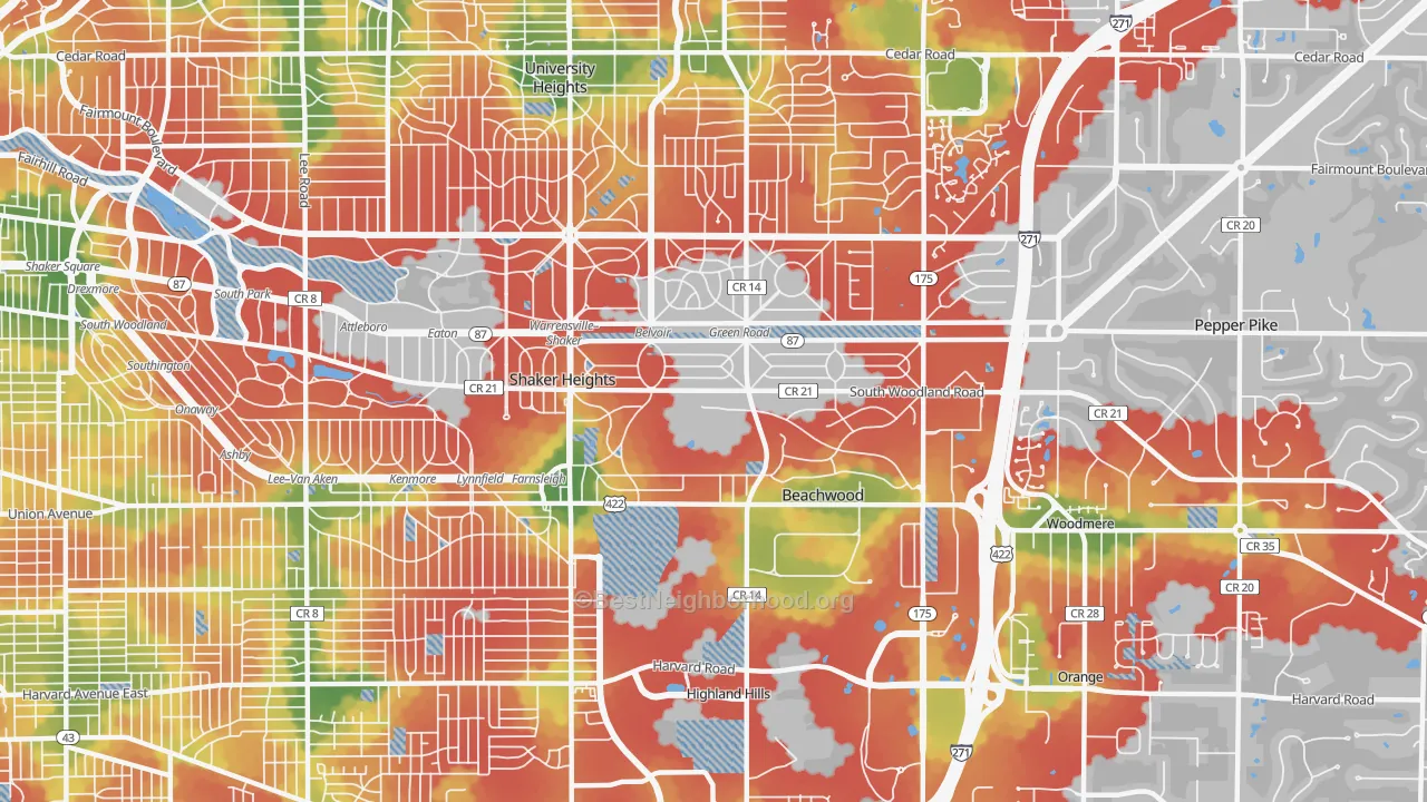 Walk Grade map of 44122, OH, walkable areas in green and car-dependent areas in red