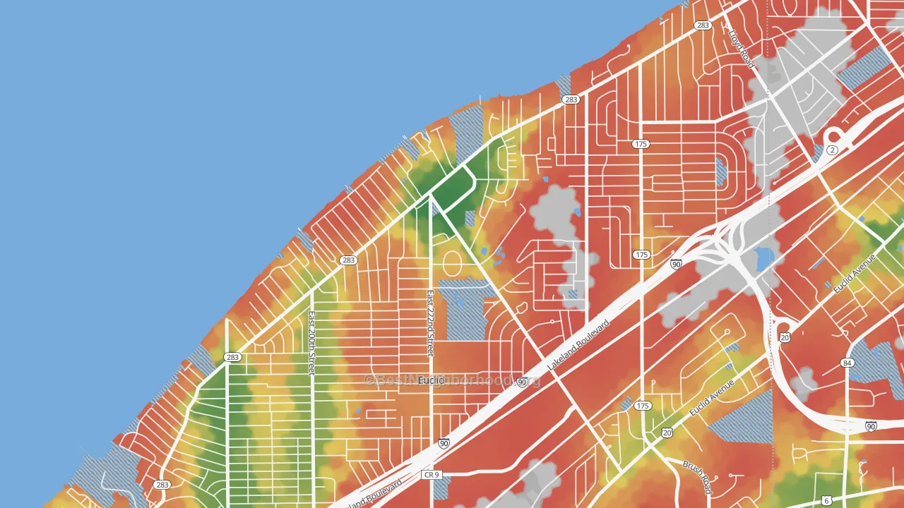 Walk Grade map of 44123, OH, walkable areas in green and car-dependent areas in red