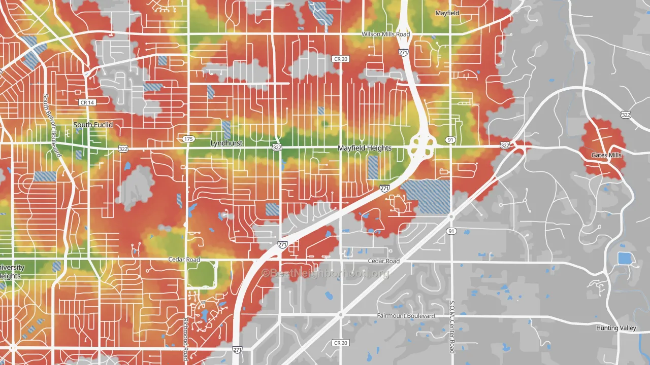 Walk Grade map of 44124, OH, walkable areas in green and car-dependent areas in red