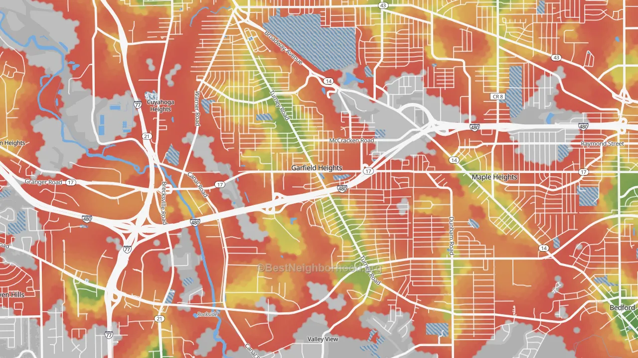 Walk Grade map of 44125, OH, walkable areas in green and car-dependent areas in red