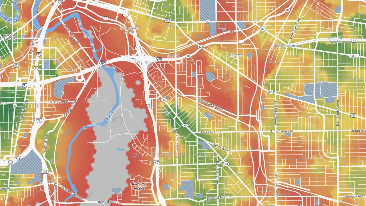 Walk Grade map of 44127, OH, walkable areas in green and car-dependent areas in red
