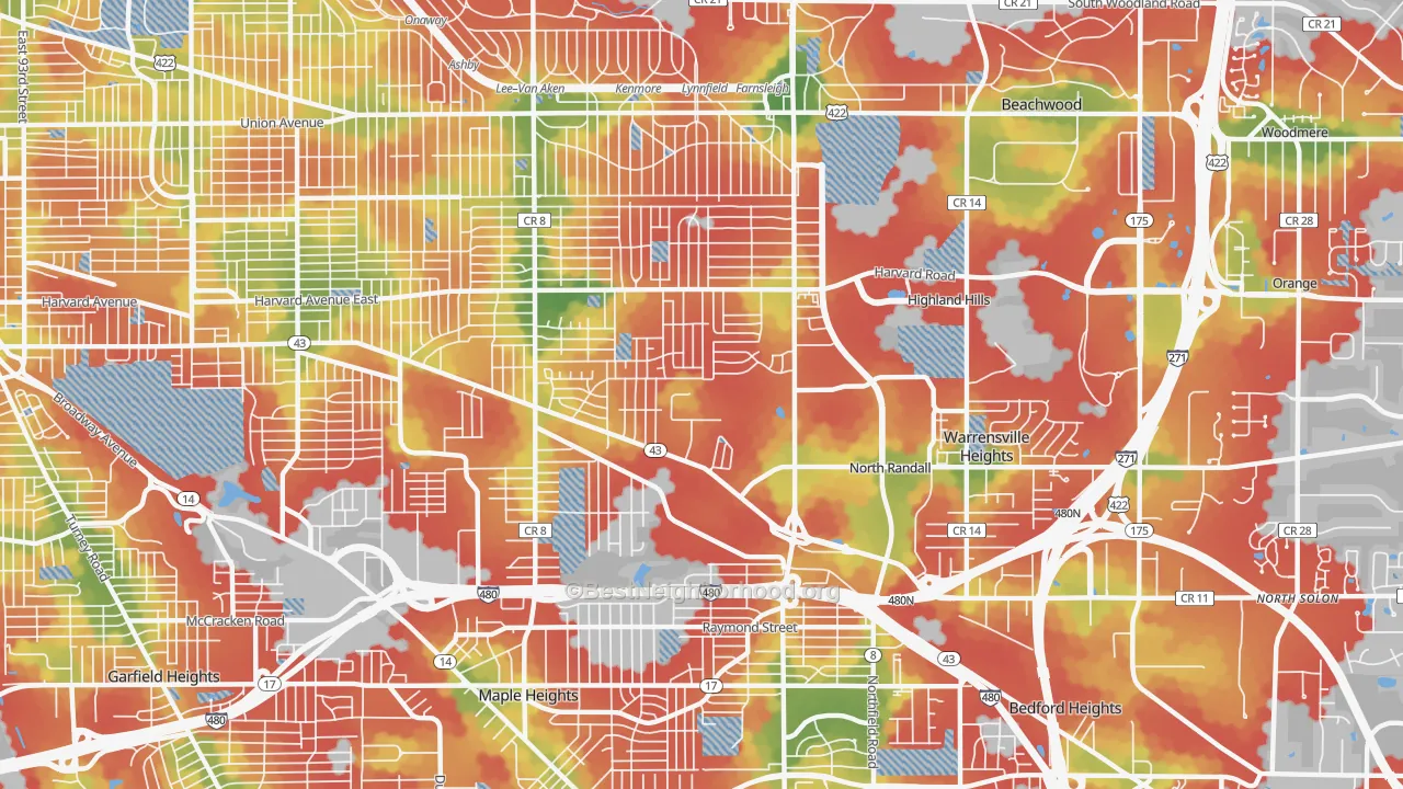 Walk Grade map of 44128, OH, walkable areas in green and car-dependent areas in red