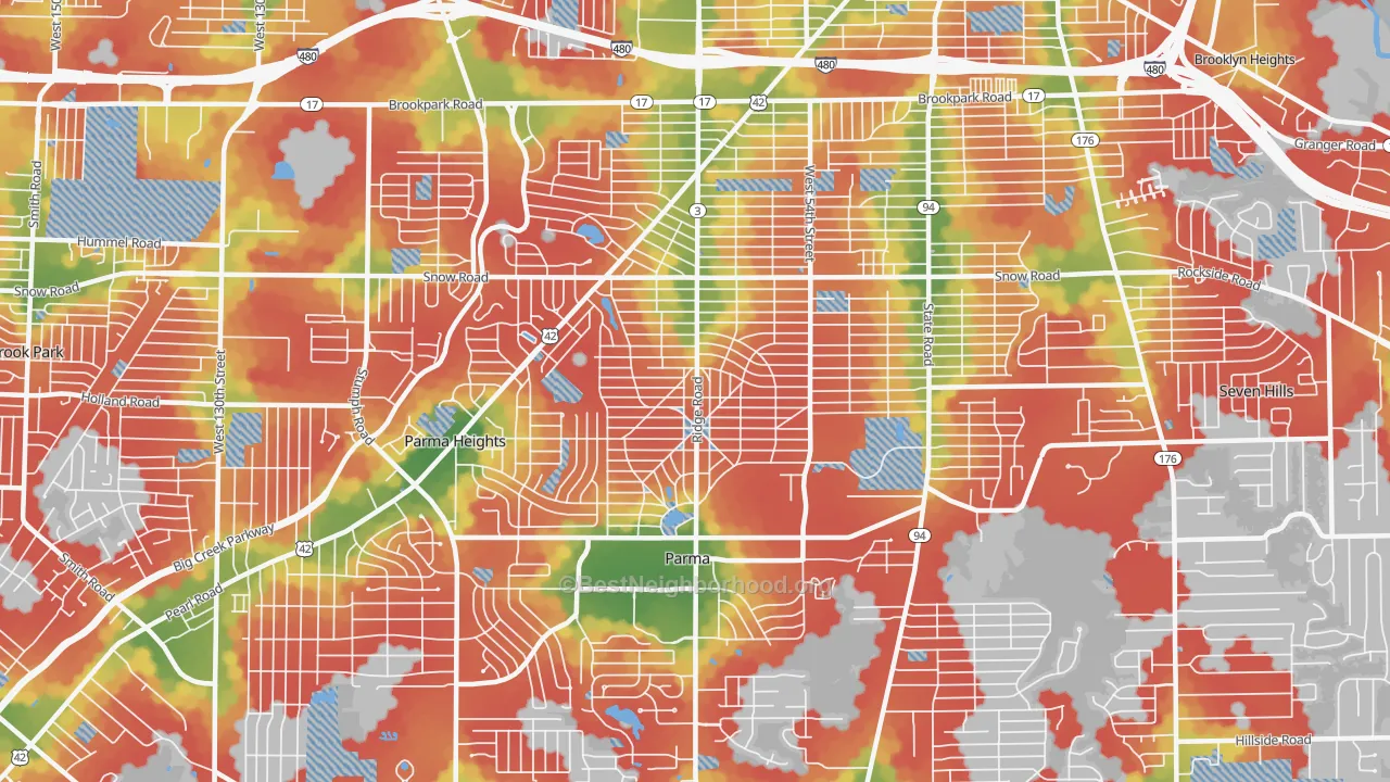 Walk Grade map of 44129, OH, walkable areas in green and car-dependent areas in red