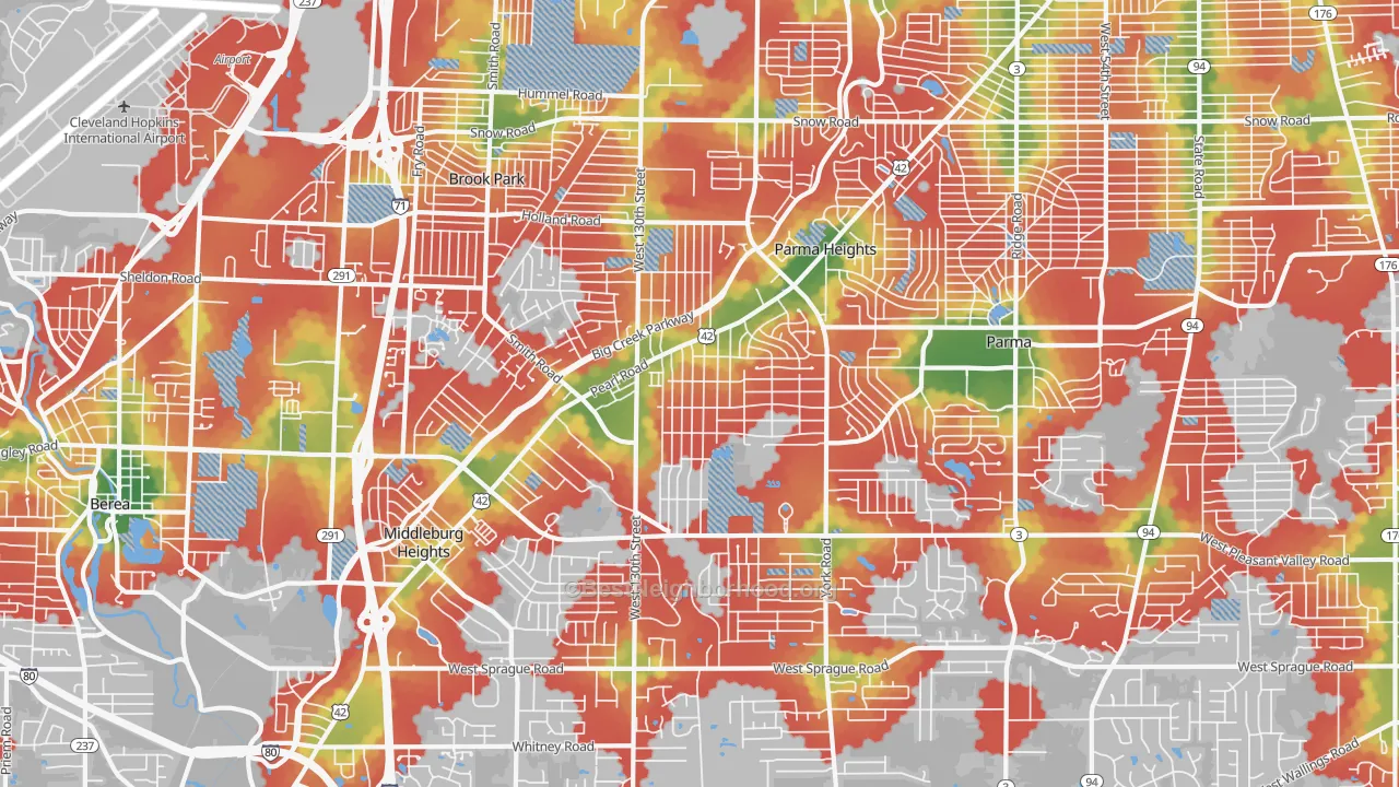 Walk Grade map of 44130, OH, walkable areas in green and car-dependent areas in red