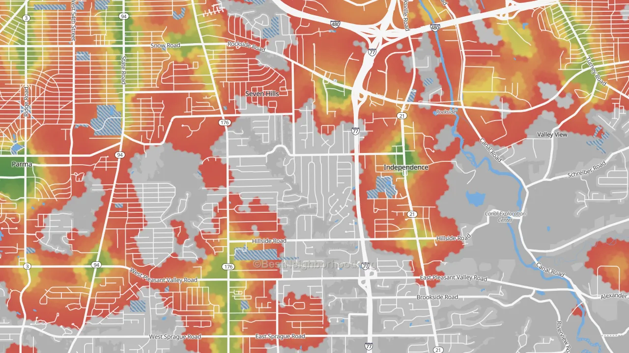 Walk Grade map of 44131, OH, walkable areas in green and car-dependent areas in red