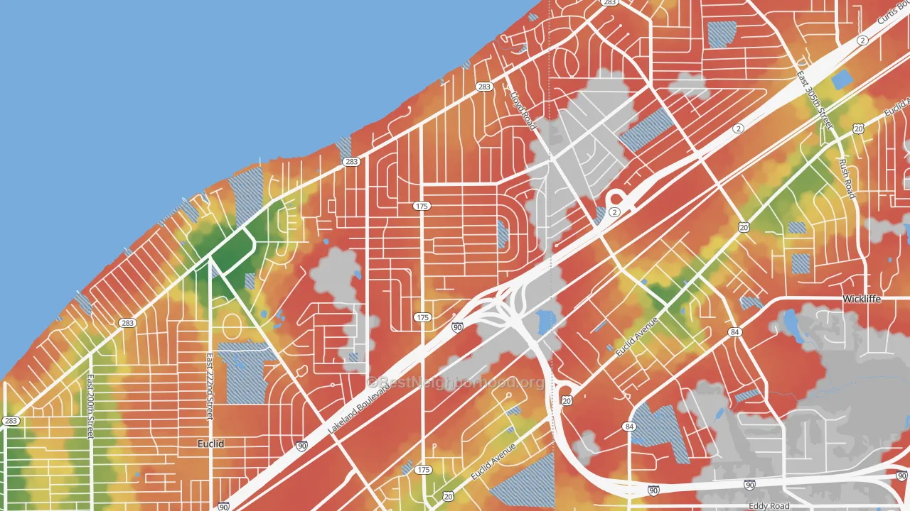 Walk Grade map of 44132, OH, walkable areas in green and car-dependent areas in red