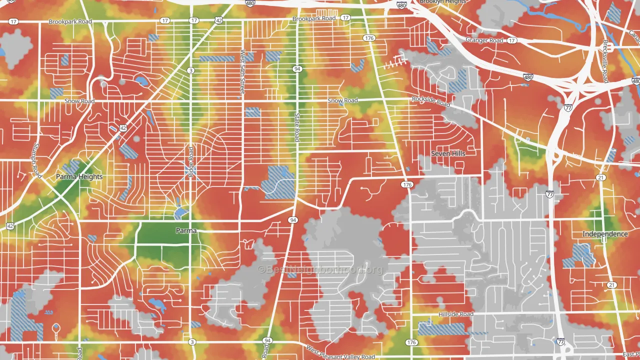 Walk Grade map of 44134, OH, walkable areas in green and car-dependent areas in red