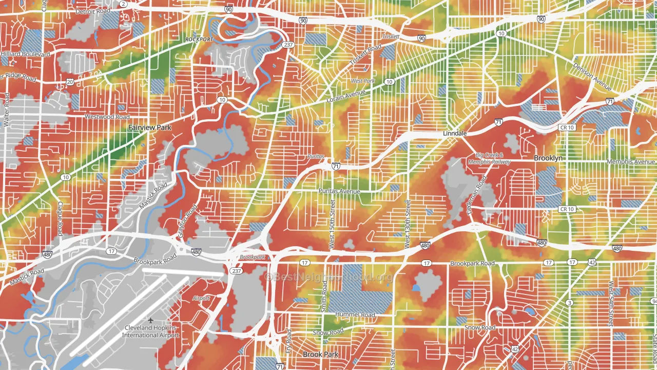 Walk Grade map of 44135, OH, walkable areas in green and car-dependent areas in red