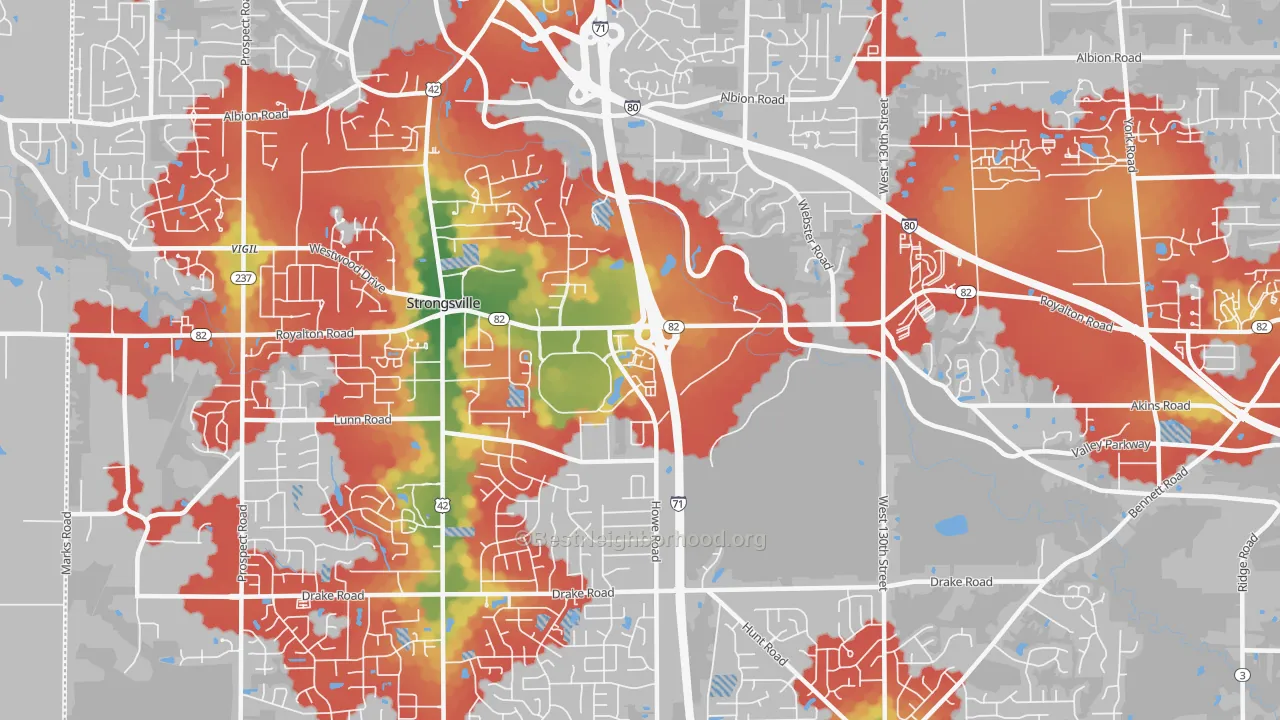 Walk Grade map of 44136, OH, walkable areas in green and car-dependent areas in red