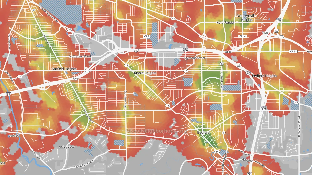 Walk Grade map of 44137, OH, walkable areas in green and car-dependent areas in red