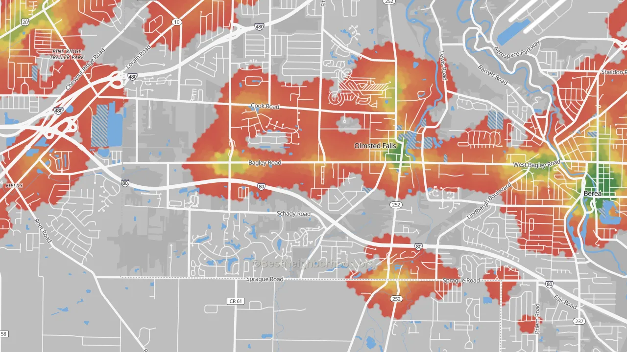 Walk Grade map of 44138, OH, walkable areas in green and car-dependent areas in red