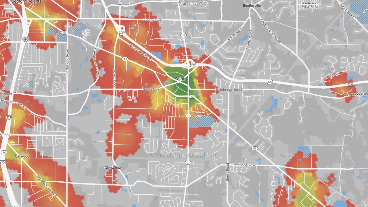 Walk Grade map of 44139, OH, walkable areas in green and car-dependent areas in red