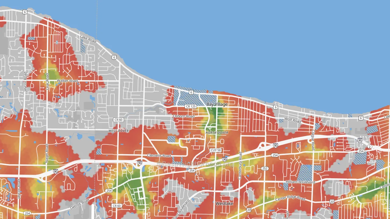 Walk Grade map of 44140, OH, walkable areas in green and car-dependent areas in red
