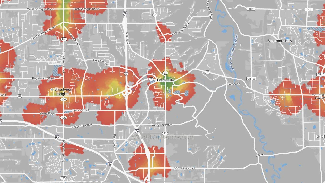 Walk Grade map of 44141, OH, walkable areas in green and car-dependent areas in red