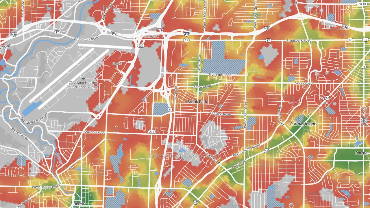 Walk Grade map of 44142, OH, walkable areas in green and car-dependent areas in red